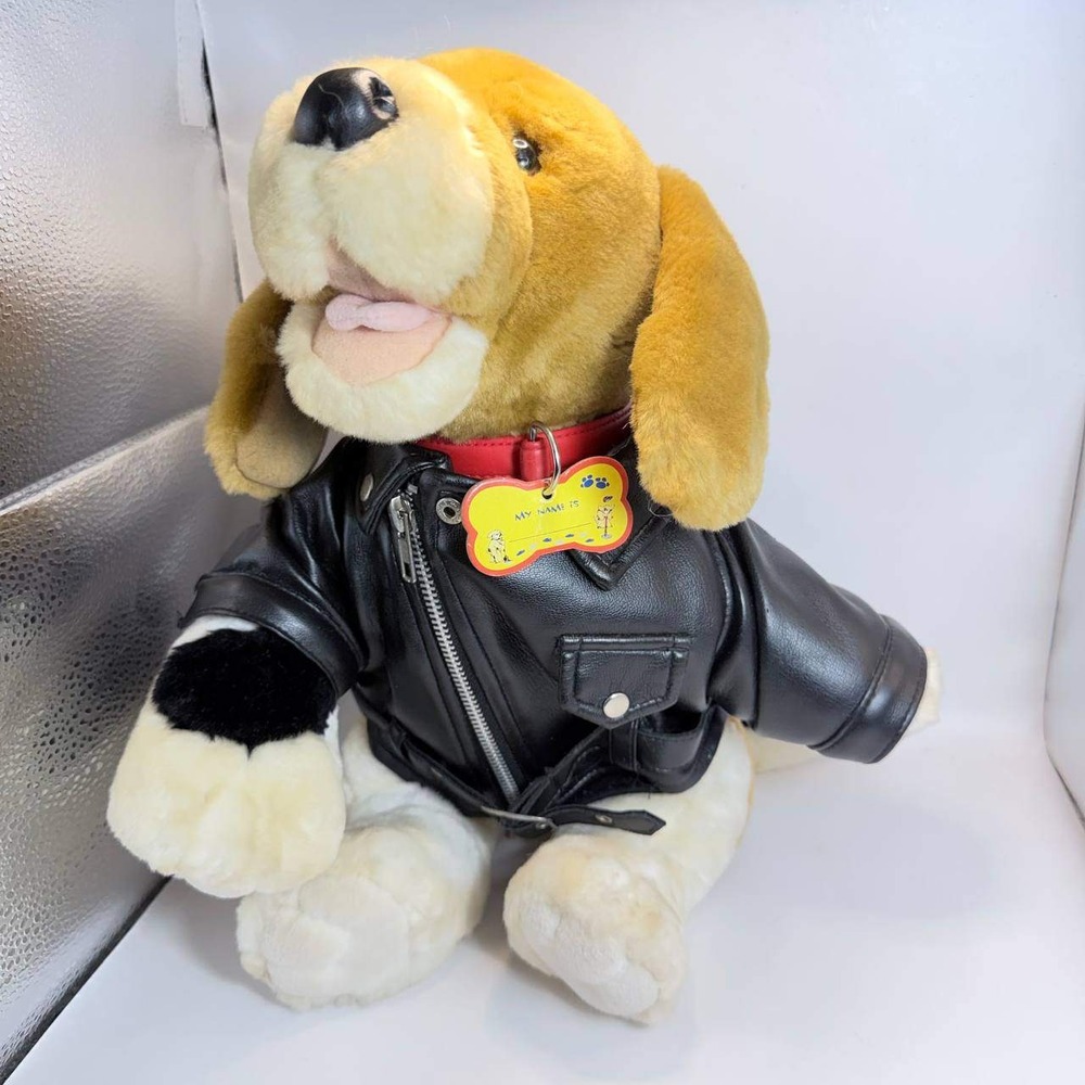 Build-A-Bear Beagle Plush Dog with Black Faux Leather Biker Jacket 12 inch
